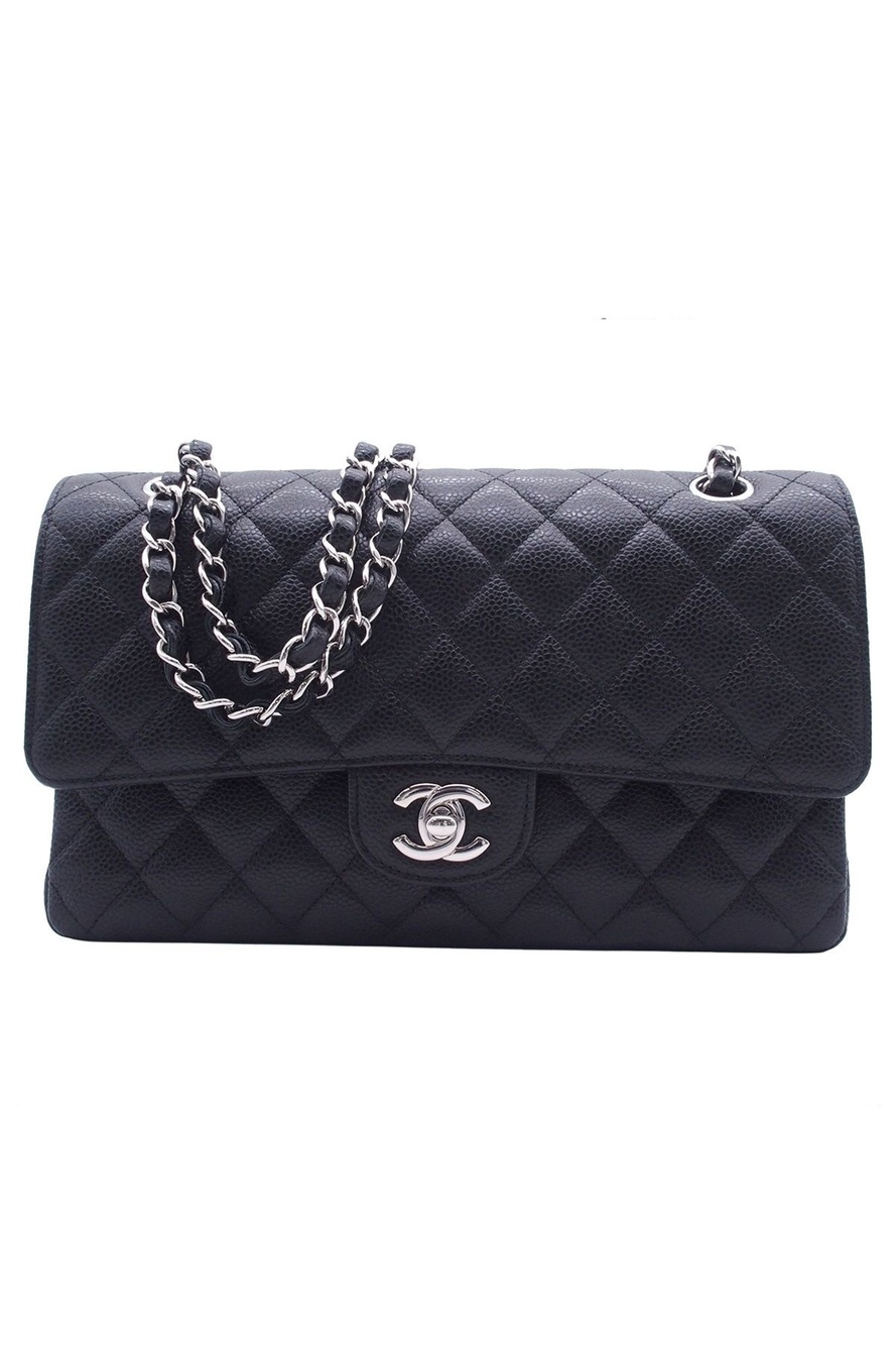 Chanel Quilted 25 Double Flap Chain Shoulder Bag Black Silver Caviar Leather